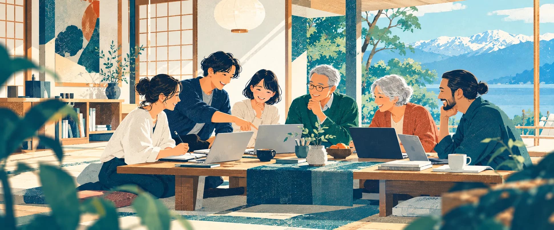 イラスト：和室の座卓を囲んで、年齢のさまざまな人たちがノートパソコンを開き、一人が画面を指さしながら一緒に学んでいる。窓の外には雪をかぶった山並み