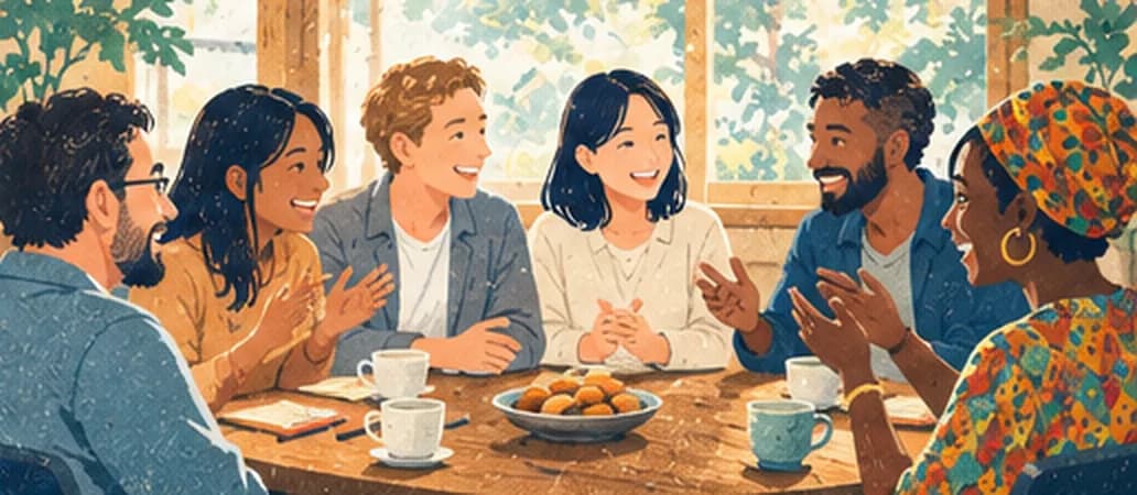 イラスト：さまざまな国や文化の背景をもつ人たちが、テーブルを囲んで笑顔で語り合っている