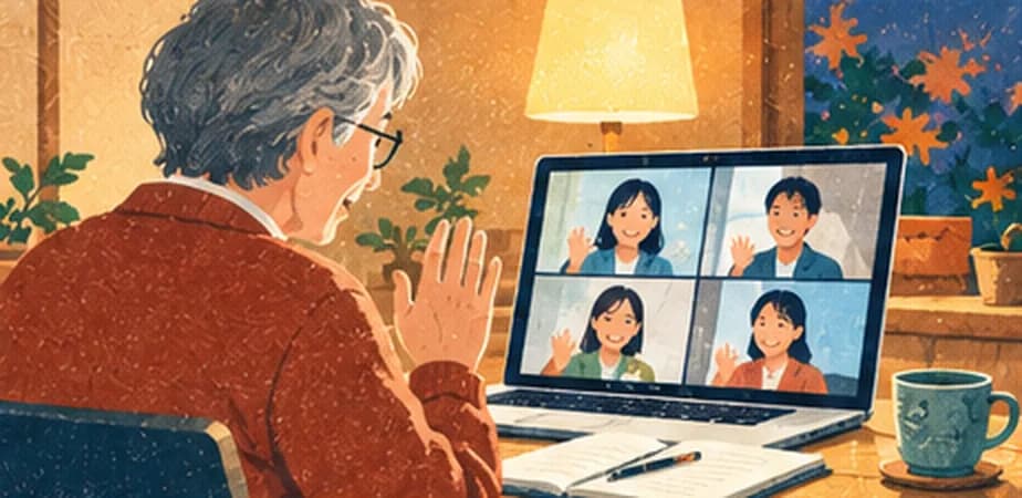 イラスト：自宅でノートパソコンのオンライン講座に参加し、画面の参加者に手を振っている人