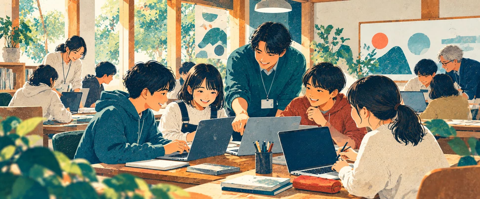 イラスト：会場の机でノートパソコンを囲み、子どもたちがプログラミングに取り組み、大人がそばで手伝っている